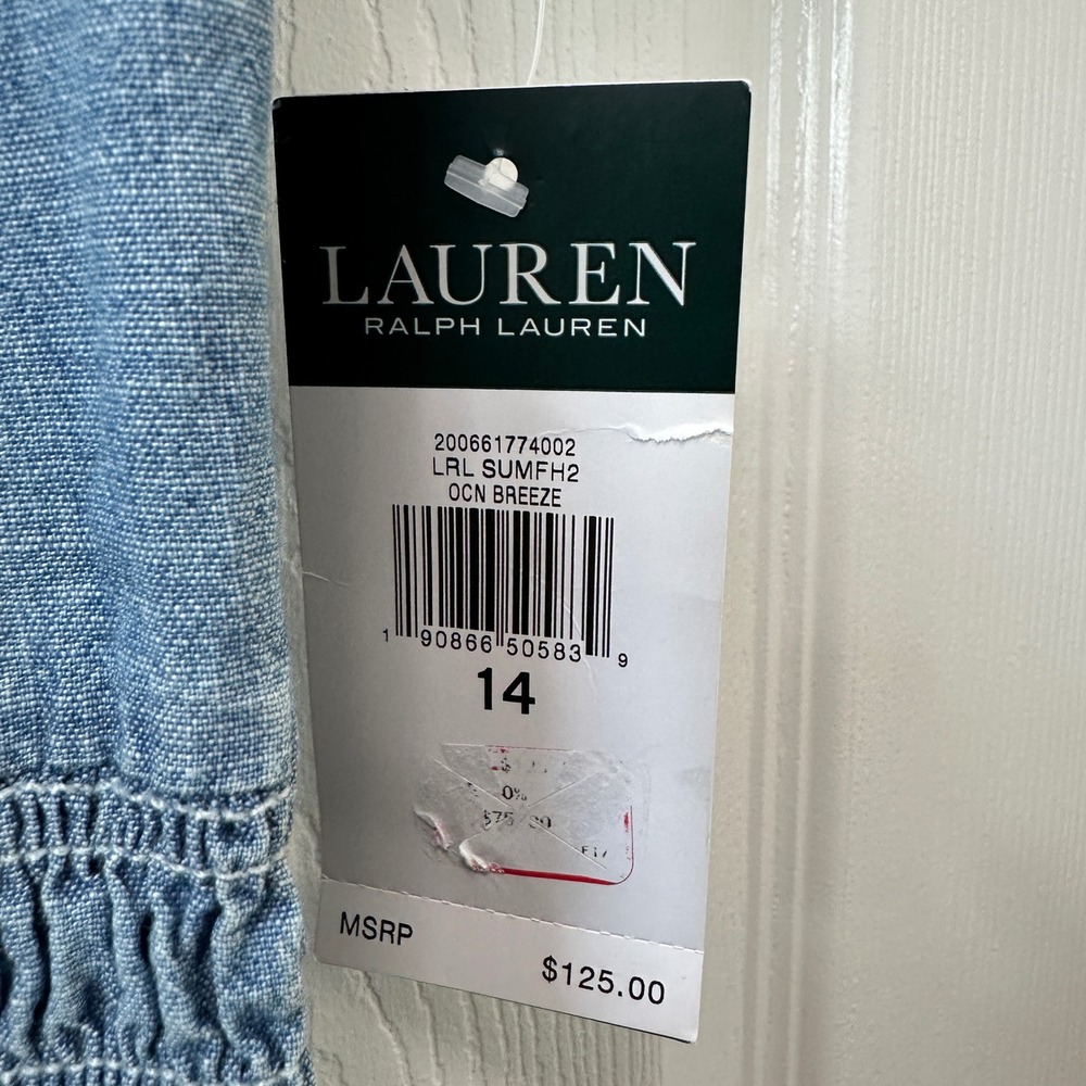 Lauren Ralph Lauren Chambray Off The Shoulder Smocked Tiered Midi Dress Blue 14 - Picture 5 of 8
